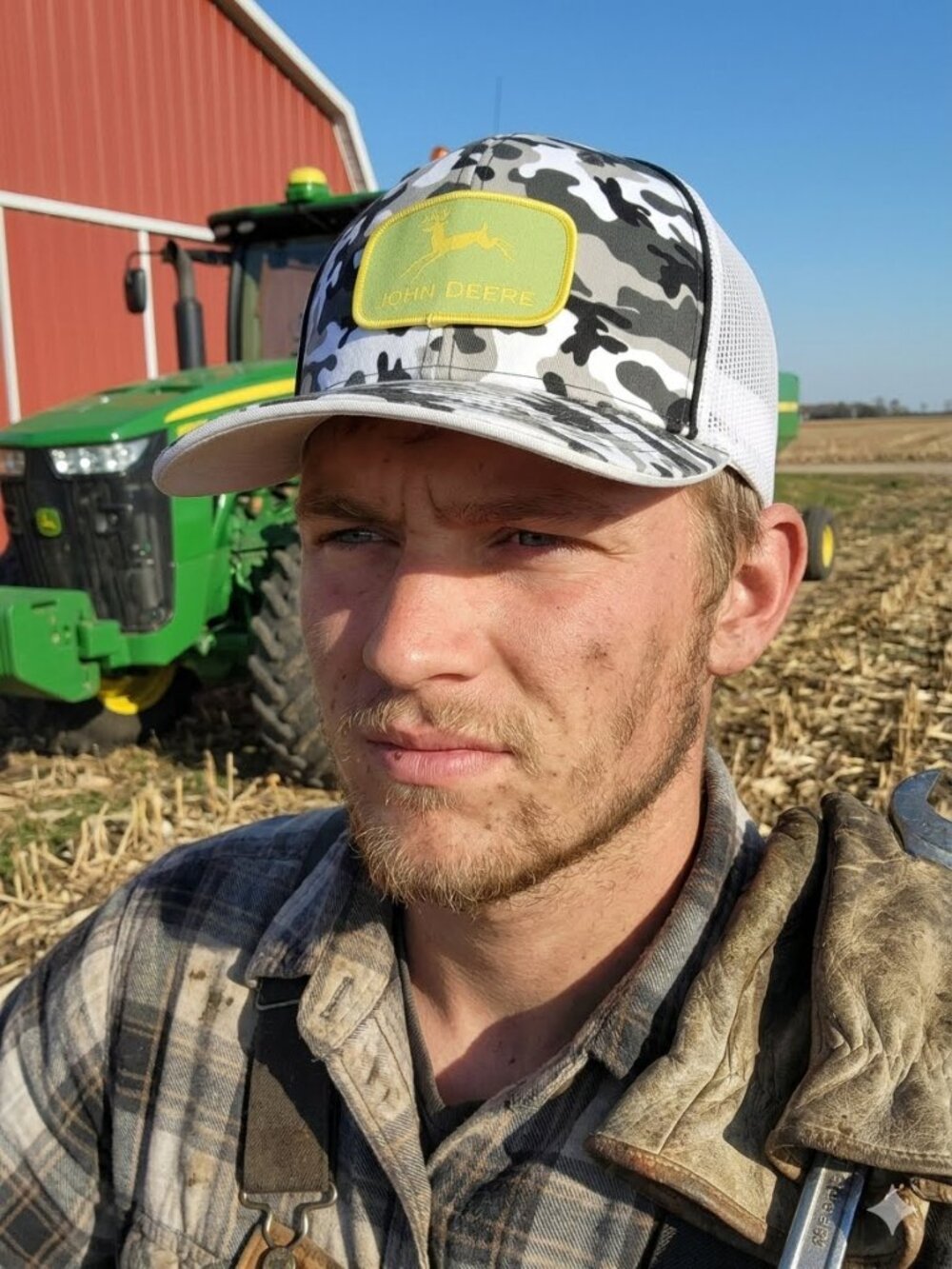 John Deere Patched Pacific Headwear Snow Camo Flexfit Trucker Hat